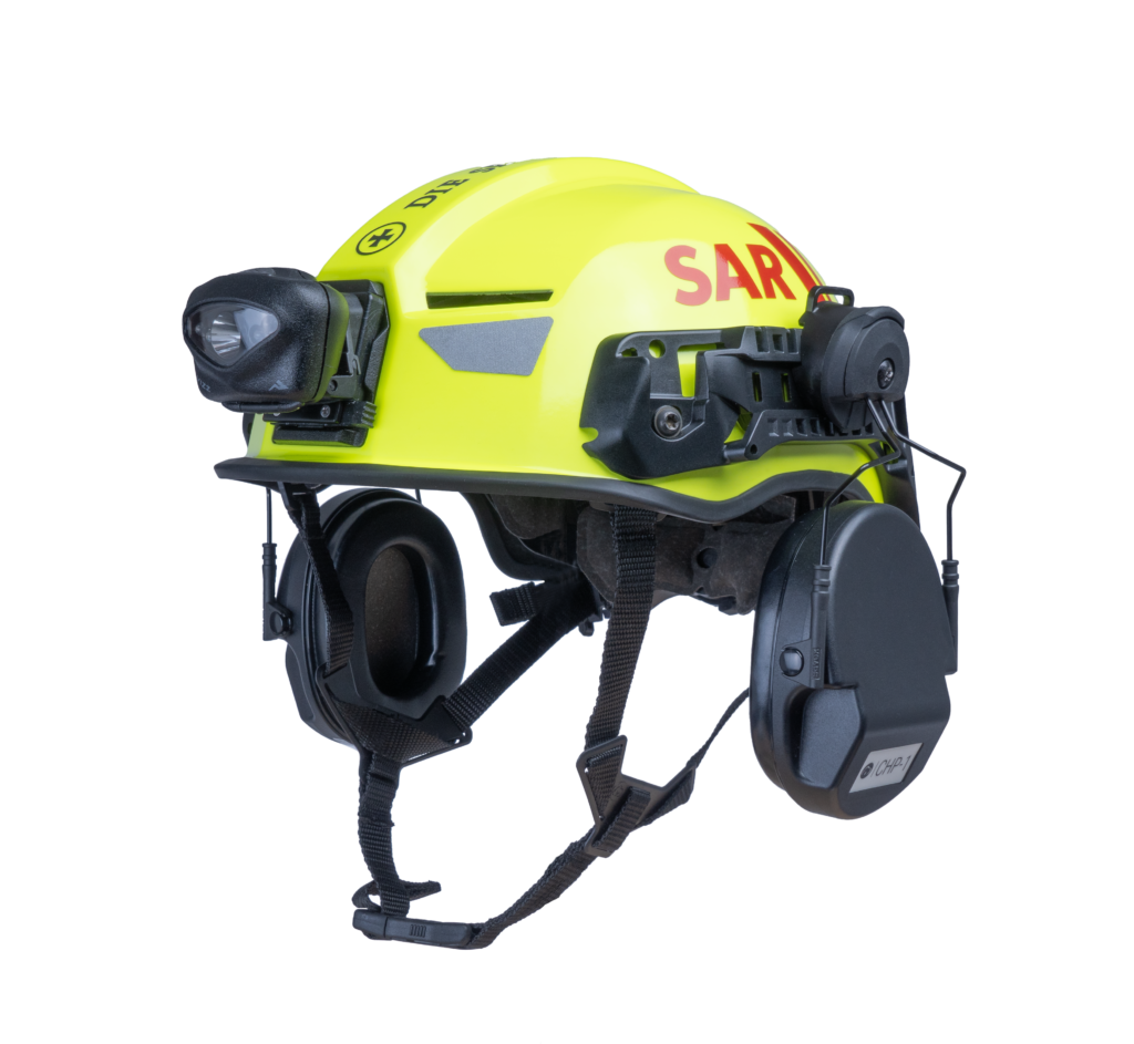 Busch PROtective SAR helmet with hearing protection and Princeton Tec headlamp